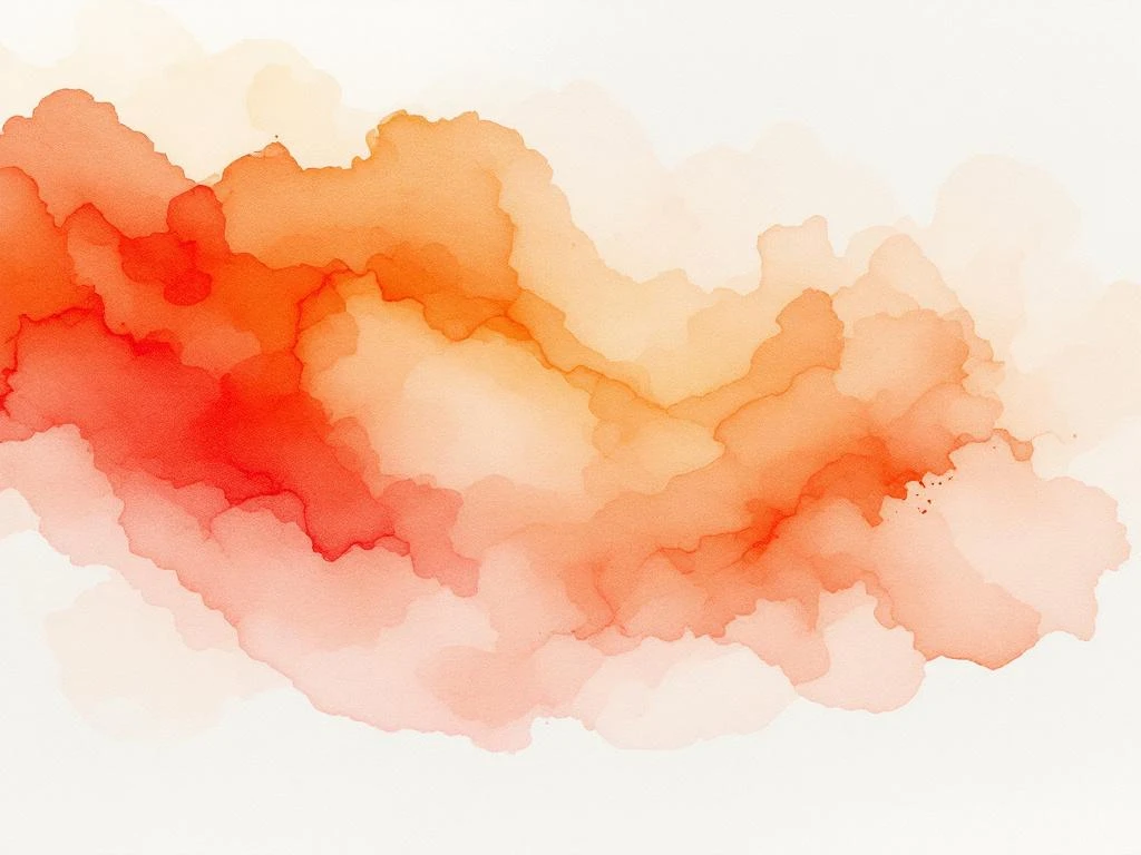 Abstract watercolor wash in burnt orange and coral tones bleeding across textured paper with organic gradient effects.